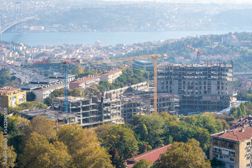 Construction and Cranes Next to the Bosphorus