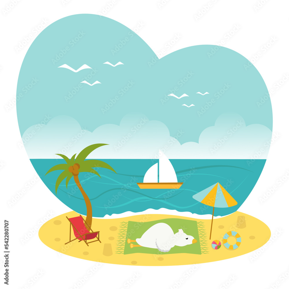 Illustration in flat style. Summer background with a view of the beach, sand, starfish, palm trees. Goose resting on the beach.