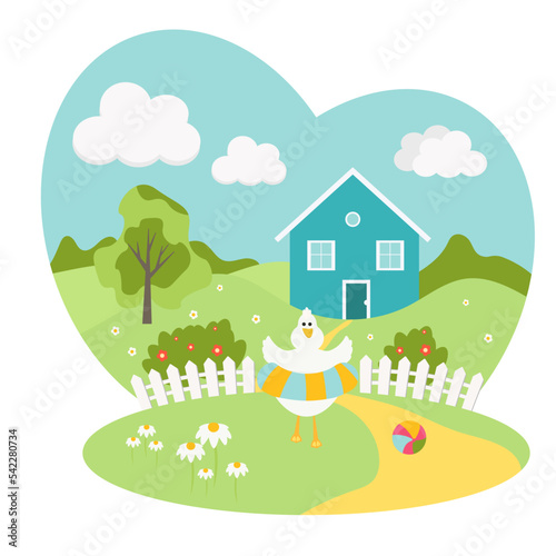Summer rural landscape with trees and houses. Cute goose with a lifebuoy. Vector flat illustration.