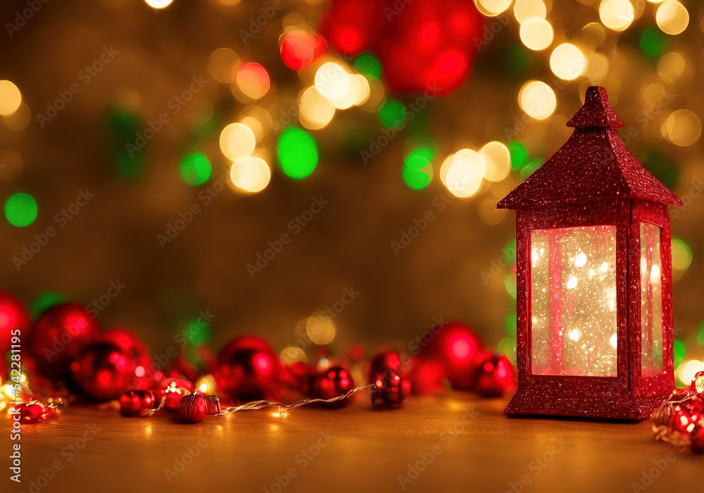 AI Image - Stylized/Fantasy Christmas Lantern on a table with Christmas decorations on the background