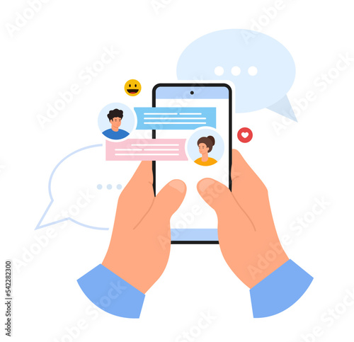 Hand holding phone with messaging, icons and emoticons. Man and woman couple chatting on smartphone. Chatting and messaging. Flat vector illustration. © nazarkru