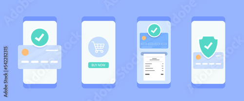 Vector illustration of mobile payments, online shopping, mobile data security. Secure bank transaction.
