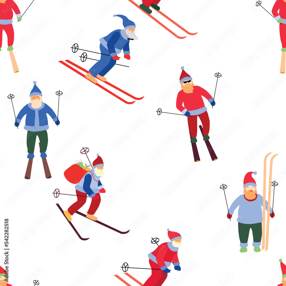 Santas skiing seamless pattern.