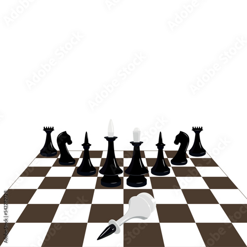 White chess king lies on a chessboard, opponent's black pieces in the background, defeated king on a chessboard, flat vector, concept