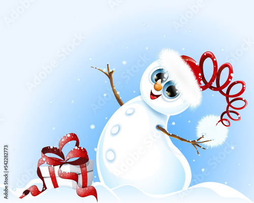 Cute snowman in Santa hat with Christmas gift box smiling and enjoying winter snowfall