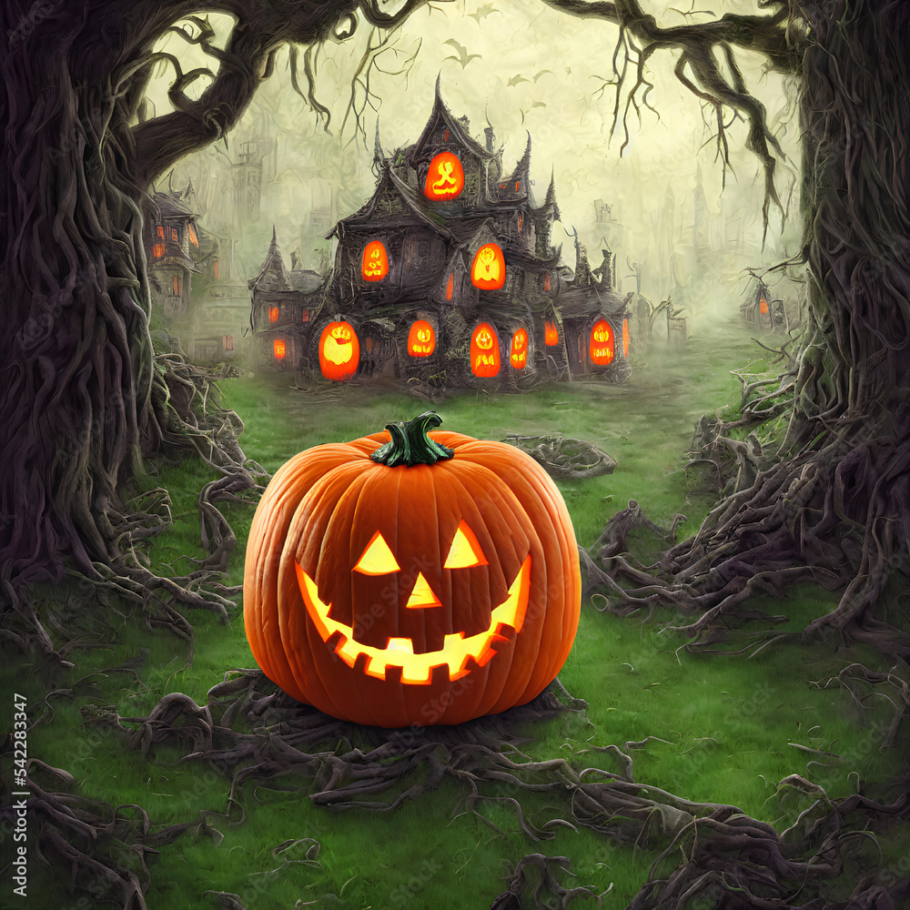custom made wallpaper toronto digitalAn Illustration of an old haunted house and a pumpkin jack-o'-lantern in front of it surrounded many by trees in a dark forest