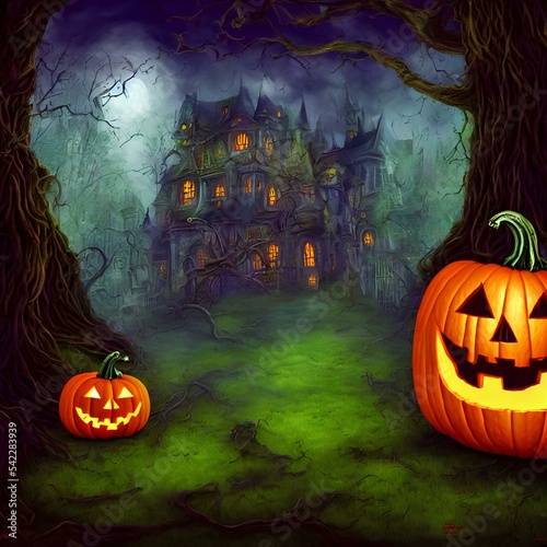An Illustration of an old haunted house and a pumpkin jack-o'-lantern in front of it surrounded many by trees in a dark forest