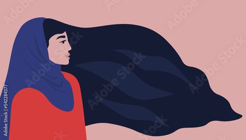 Portrait of a woman in a hijab in profile with long loose hair. The struggle Muslim girls for their rights. Horizontal abstract banner. Vector graphics.