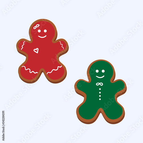 Gingerbread classic decorated cookie. New year cookies. Holiday winter symbols.Gingerbread man.  New Year's Eve gingerbread in the shape of a man. White isolated background. Vector themed illustration