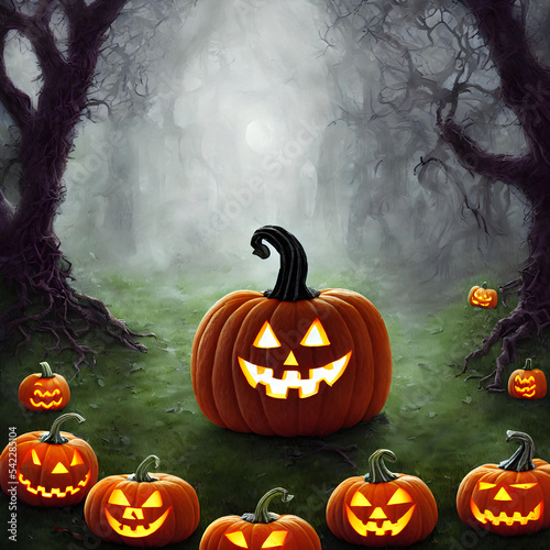 An Illustration of a pumpkin jack-o'-lantern in a dark forest