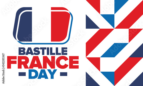 France Bastille Day. National happy holiday, celebrated annual in July 14. French flag. France independence and freedom. Patriotic elements. Festive and parade design. Vector poster illustration