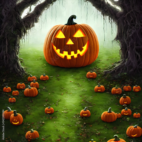 An Illustration of a pumpkin jack-o'-lantern in a dark forest