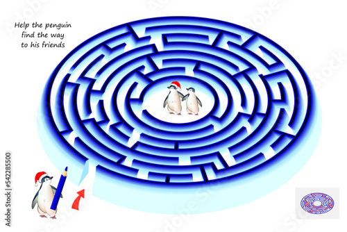 Best labyrinths. Help the penguin find the way to his friends. Logic puzzle game. Brain teaser book with maze. Kids activity sheet. Educational page for children. Play online. Vector illustration.