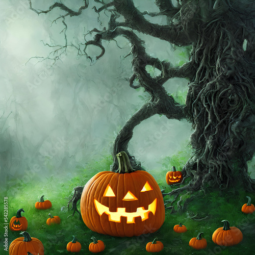 An Illustration of a pumpkin jack-o'-lantern in a dark forest