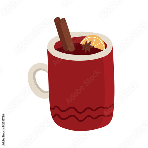 Vector hand drawn illustration of a cup with mulled wine, cinnamon and a slice of orange. Ingredients for mulled wine. Design greeting cards, posters, gift wrapping.