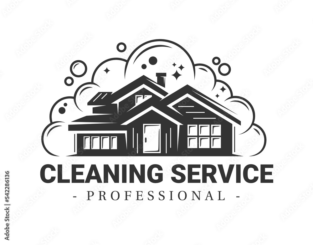 House and soap foam. Vintage cleaning service label. Vector illustration