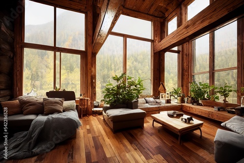 Mountain wooden cabin cozy interior © Hdi