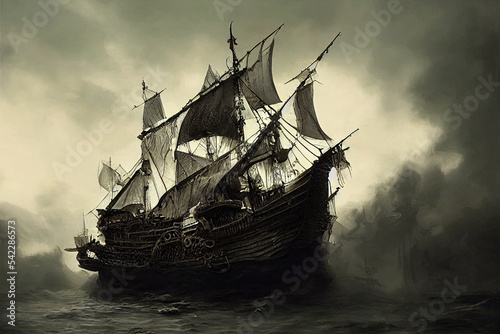 VIntage black pirate ship sailing at sea. Background stormy clouds.
