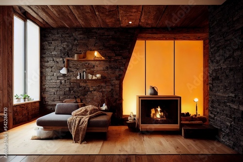 Fototapeta Rustic and modern wooden mountain cabin house  interior