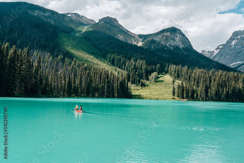 Kayak on the Blue lake Emerald in the Canadian Rocky Mountains
