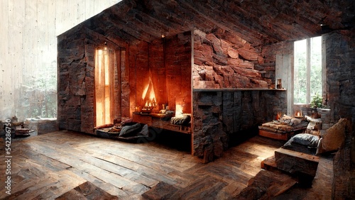 Cozy wooden mountain cabin interior from outside 