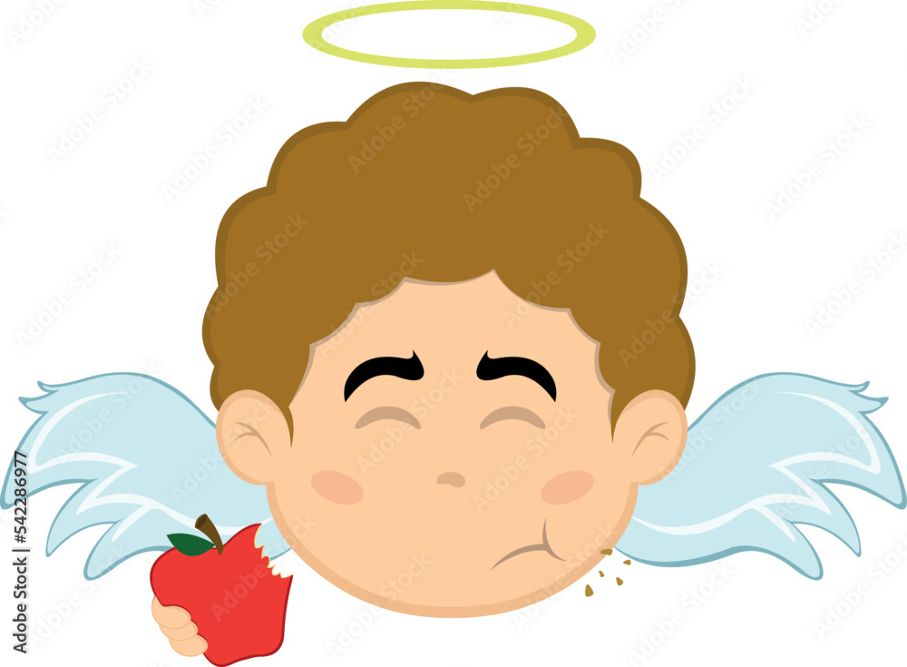 Vector Illustration Of The Face Of An Angel Boy Eating An Apple Stock