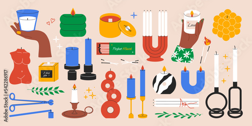 Cartoon candle set. Wax scented candlelight elements, decorative homemade candle jar snuffer candlestick. Vector graphic