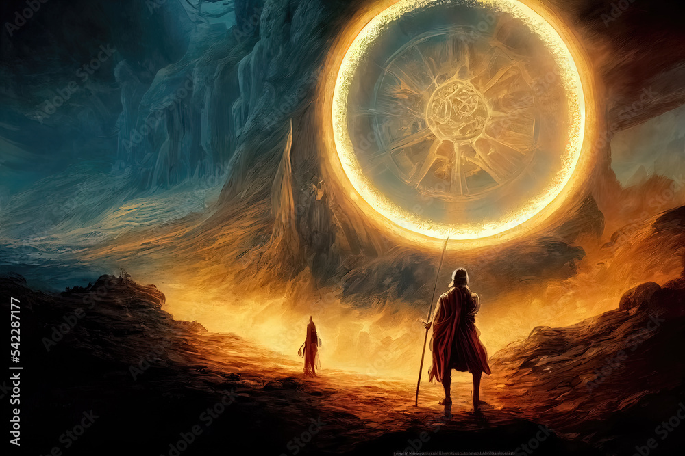 Giant floating circular ancient gateway to another world. Abstract fantasy portal gate in a cinematic landscape with a silhouette of people about to enter. Wheel of time illustration. generative ai Stock Illustration |