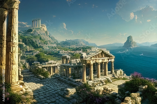 Foto Ancient Greek coastal town with sea view, white cobblestone road and a colonnade temple overlooking the sea and mountains