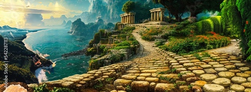 Foto Wide panoramic view of ancient Greek coastal town with sea view, white cobblestone road leading to a colonnade overgrown with vegetation and plants