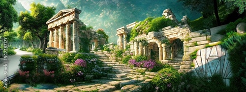 Fotografija Wide panoramic view of ancient Greek architecture with a colonnade of corinthian columns overgrown by vegetation