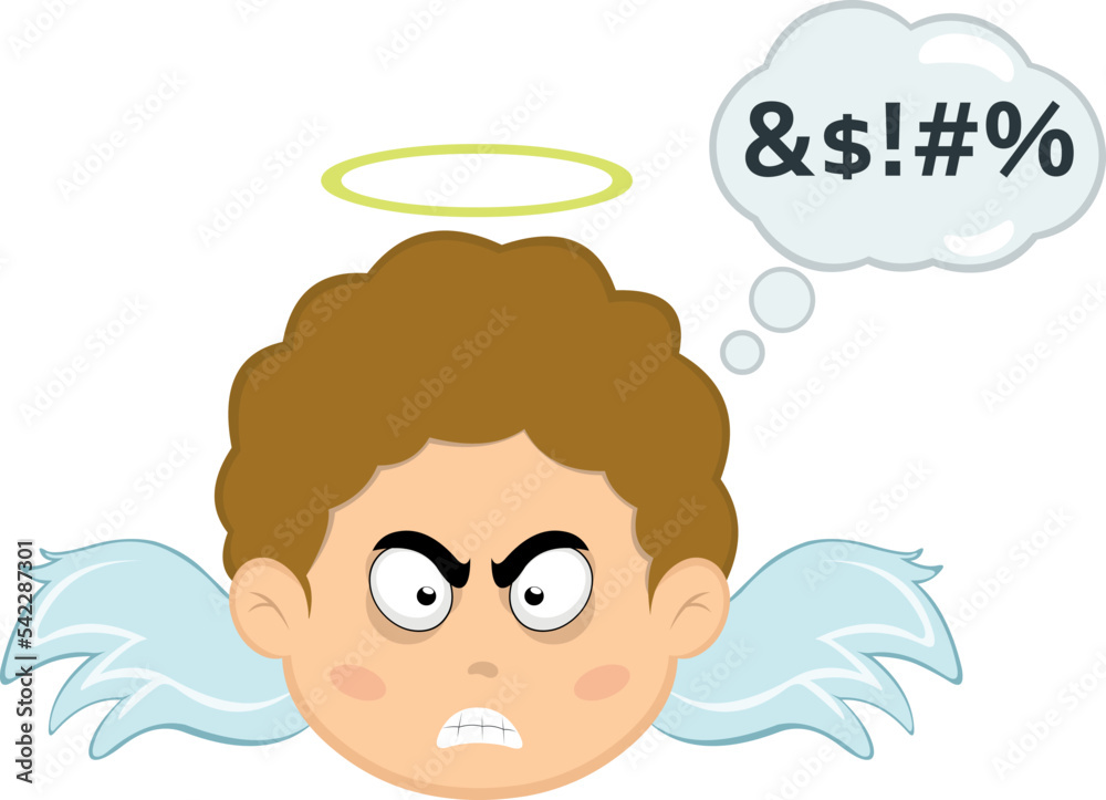 Vector illustration of a child angel cartoon with an expression of anger and a cloud of thought with a text of insult Vector illustration of a child angel cartoon with an expression of anger and a cloud of thought with a text of insult