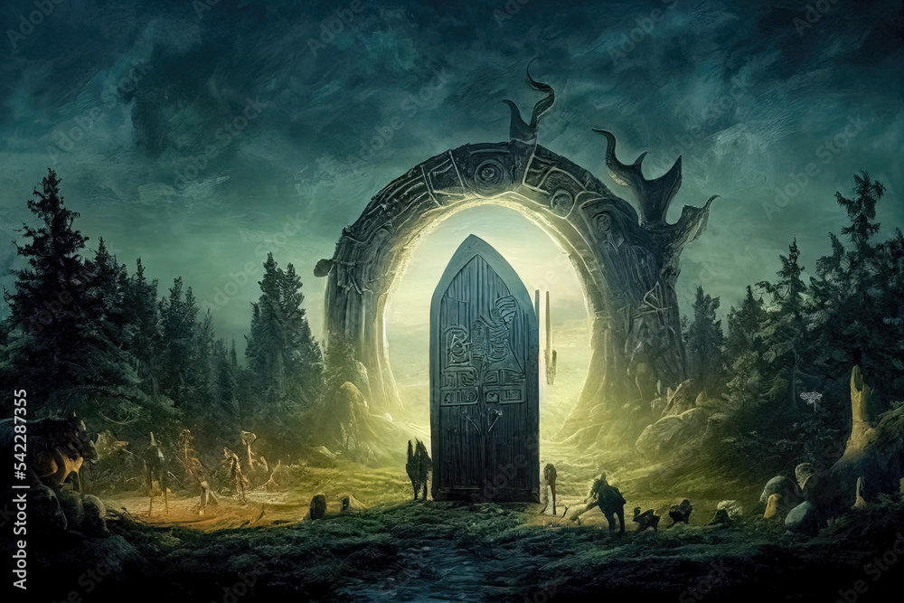 Concept art featuring the ancient gate to Valhalla. Pine forest with tall pine trees and a portal gate of Norse and viking mythology. Large gate in the middle of the forest to enter the afterlife. - obrazy, fototapety, plakaty 