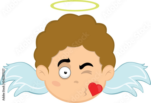 Vector illustration of a child angel cartoon giving a kiss in the shape of a heart