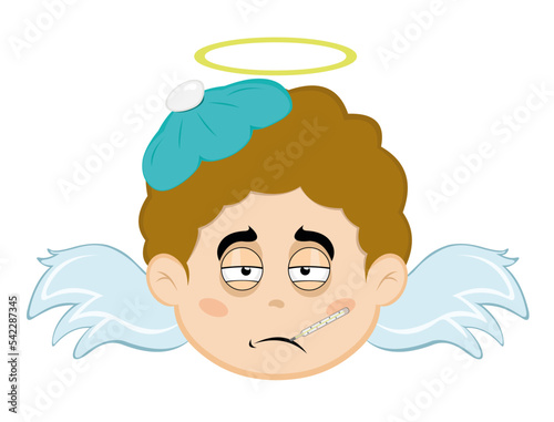 vector illustration of the face of a sick angel cartoon child, with a thermometer in his mouth and a bag of water on his head
