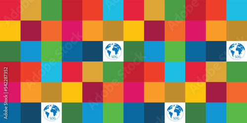 Seamless pattern in SDG colors with the globe, Agenda 2030. Vector illustration EPS 10, editable, without clipping mask