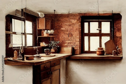 Rustic adnd vintage kitchen interior with brick wall photo