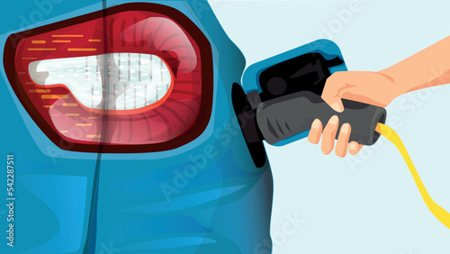 Electric car illustration vector. Dark blue electric car with electric car charging station view.
