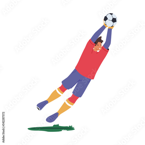 Goalkeeper Jump Catching Ball Defend Gates in Soccer Tournament Isolated on White Background. Goalie Male Character