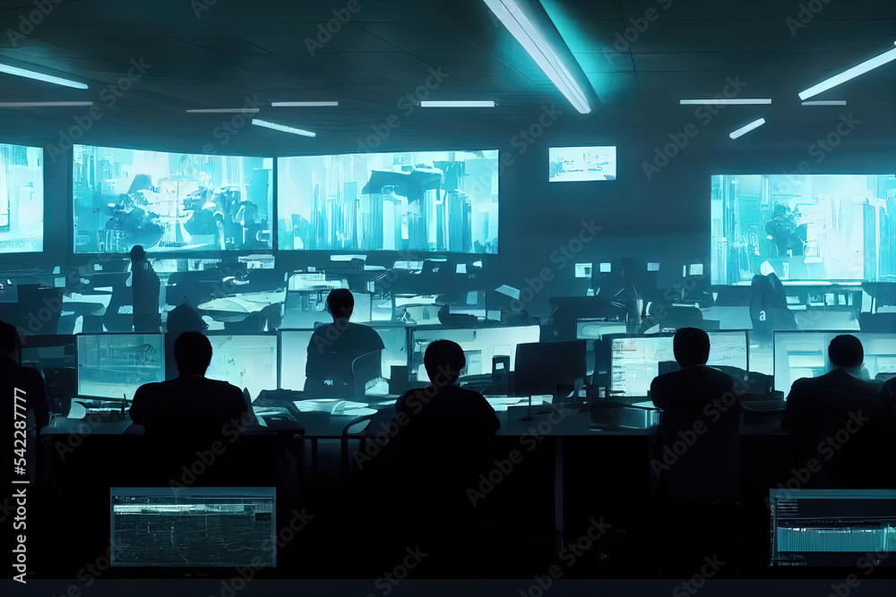 Interior of security operations centre. Secret intelligence service concept art featuring screens and monitors, people in silhouettes monitoring activity of criminals. Professional specialists of cia - obrazy, fototapety, plakaty 