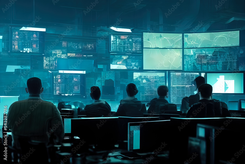 Interior of security operations centre. Secret intelligence service concept art featuring screens and monitors, people in silhouettes monitoring activity of criminals. Professional specialists of cia - obrazy, fototapety, plakaty 