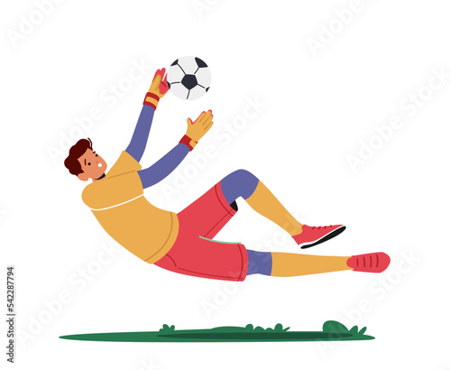 Goalkeeper Leaping to Catch Ball. Man Defend Gates in Soccer Tournament. Goalie Male Character Isolated on White