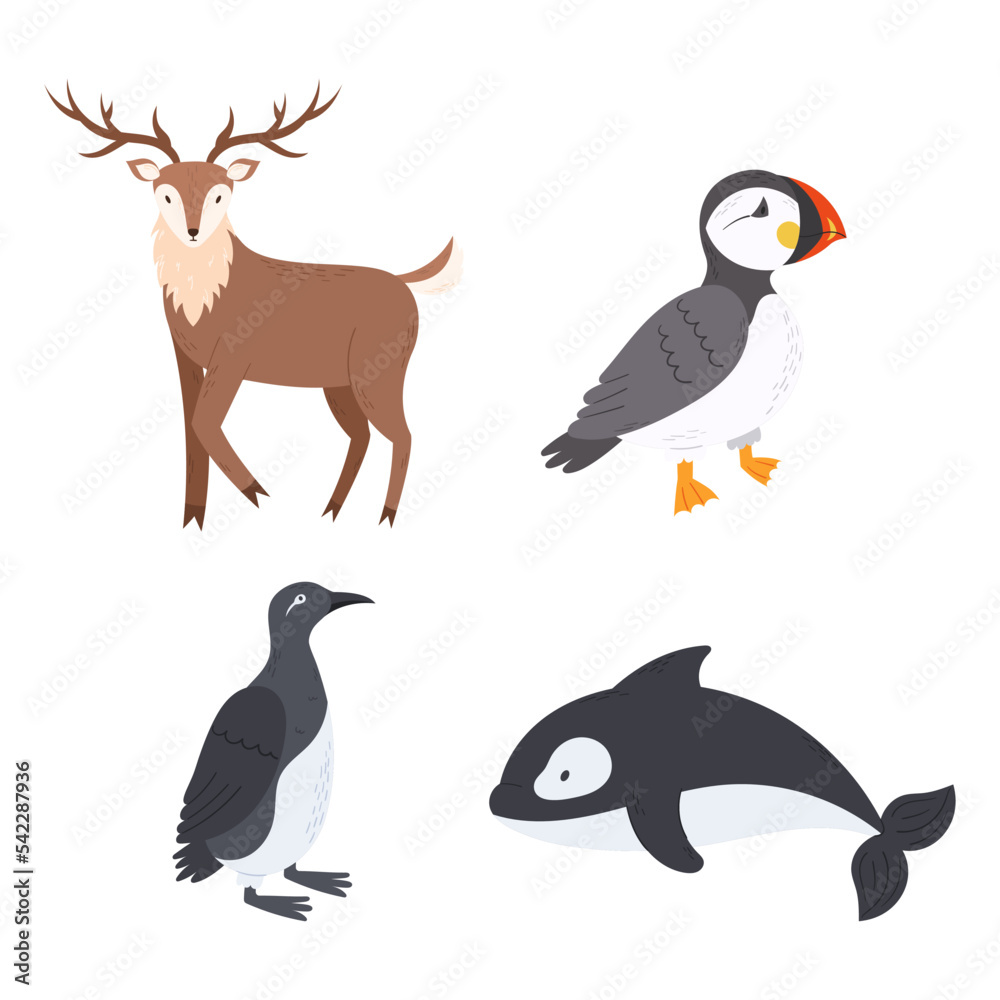 Naklejka premium MobileSet Of Arctic Animals Reindeer, Atlantic Puffin Or Sea Parrot And Penguin Birds With Whale Wildlife Creatures