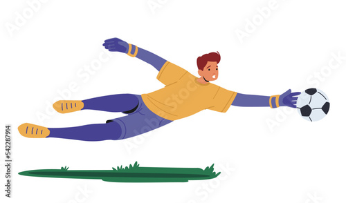Goalie Male Character Wear Football Team Uniform in Motion on Stadium. Goalkeeper Jump and Catch Ball in Soccer Match