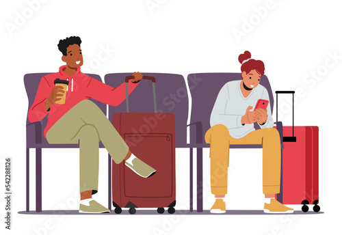 Young Woman And Man Characters Holding Smartphone And Coffee In Hands Waiting Departure In Airport Terminal