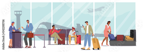 People In Airport, Male And Female Characters Scanning Luggage, Pass Registration And Waiting In Terminal Illustration