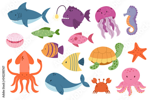 Set of Underwater Animals Shark, Octopus, Anglerfish, Jellyfish and Shell. Turtle, Starfish, Crab, Whale and Squid