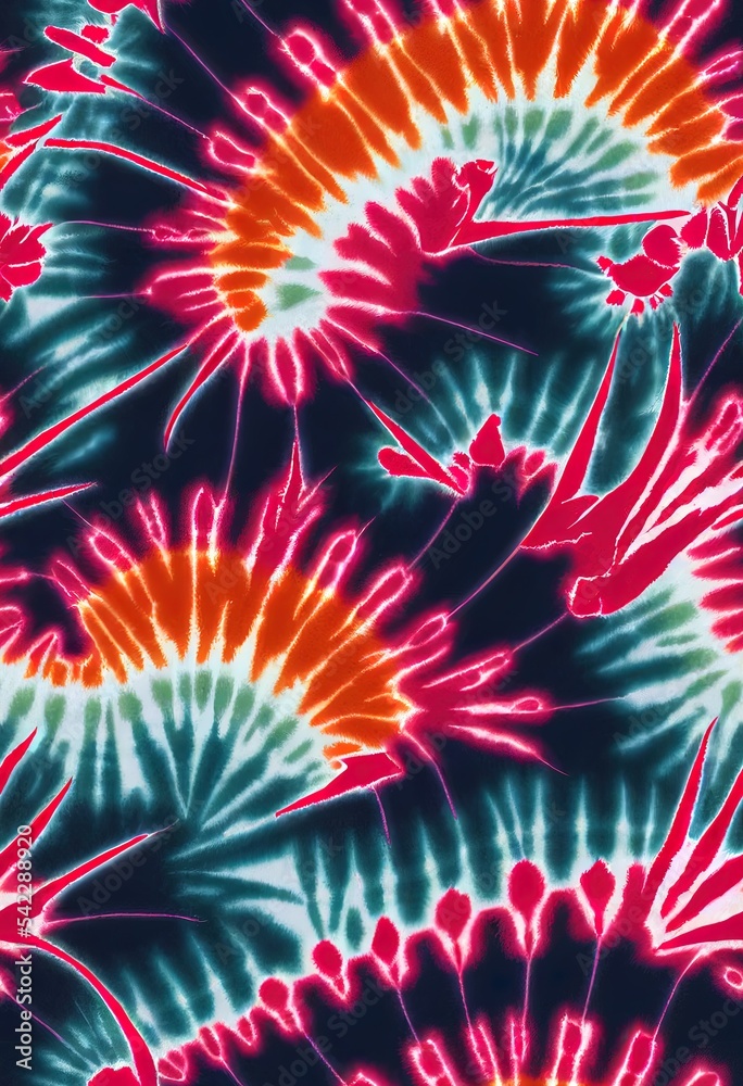 Seamless pattern of a Godzillas and tie dye background elements