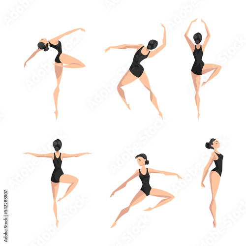 Young Beautiful Female Ballet Dancer in Black Leotard in Different Pose Vector Set