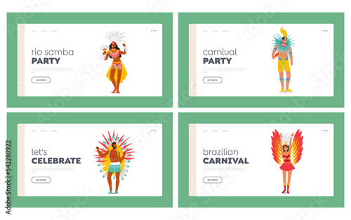 Brazil Samba Party Landing Page Template Set. Rio Carnival Band, Girls And Boys Dancers. Young Men And Women